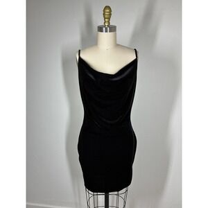 Black Velvet Cowl Neck Slip Mini‎ Dress Medium Bodycon Stretchy Event Feminine